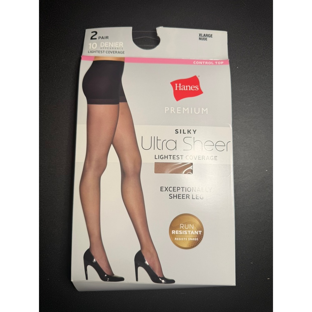 Hanes Premium Silky Ultra Sheer Pantyhose 2 Pair Nude Control Top XL 10 Denier